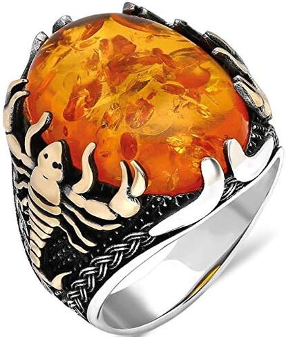 mysilverworld Solid 925 Sterling Silver Amber Stone Scorpion Figure Men's Ring in Kuwait