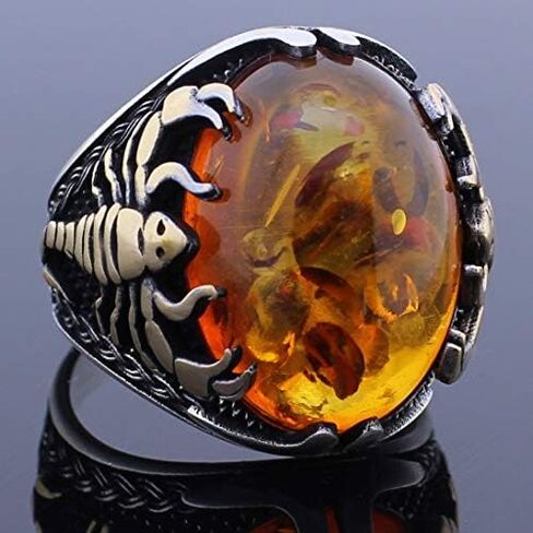 mysilverworld Solid 925 Sterling Silver Amber Stone Scorpion Figure Men's Ring in Kuwait
