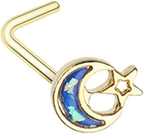 Covet Jewelry Golden Opal Crescent Moon & Star L-Shape Nose Ring in Saudi Arabia