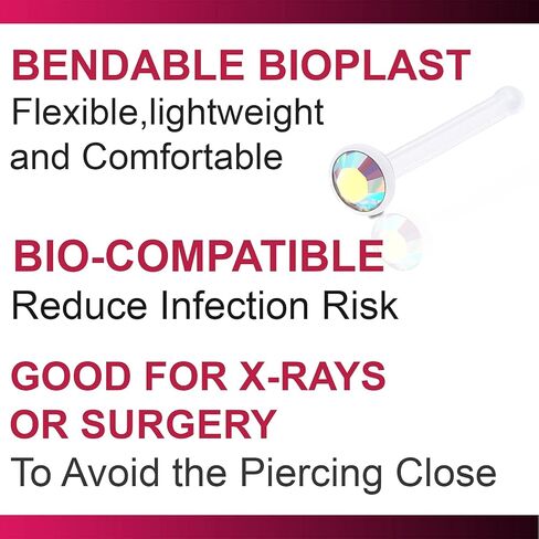 bodyjewellery 4pcs 20g 0.8mm Nose Rings Studs Flexible Acrylic Nostril Screw Rings Piercing 2.5mm Crystal Boat Pick Color in Kuwait