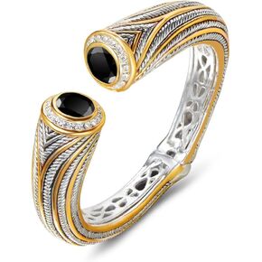 UNY JEWEL Jewelry Multi Strand Twisted Wire Cable Inlay 12mm CZ Vintage Antique Two Tone Elegant Designer Inspired Unique Spring Open Cuff Bangle