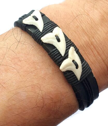 Swimmi Genuine Mako Shark Tooth Bracelet for Men Women Boys Girls Handmade Leather Surfer Beach Jewelry AA211, 6 to 9 inch (adjustable) in Saudi Arabia