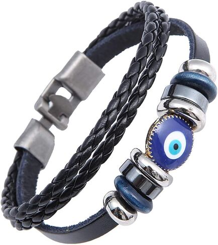Multi-Layer Turkish Blue Evil Eye Leather Bracelet for Men Ethnic Wristband Weave Leather Bangle Bracelet Protection Jewelry in Saudi Arabia