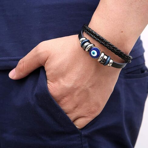 Multi-Layer Turkish Blue Evil Eye Leather Bracelet for Men Ethnic Wristband Weave Leather Bangle Bracelet Protection Jewelry in Saudi Arabia
