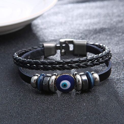 Multi-Layer Turkish Blue Evil Eye Leather Bracelet for Men Ethnic Wristband Weave Leather Bangle Bracelet Protection Jewelry in Saudi Arabia