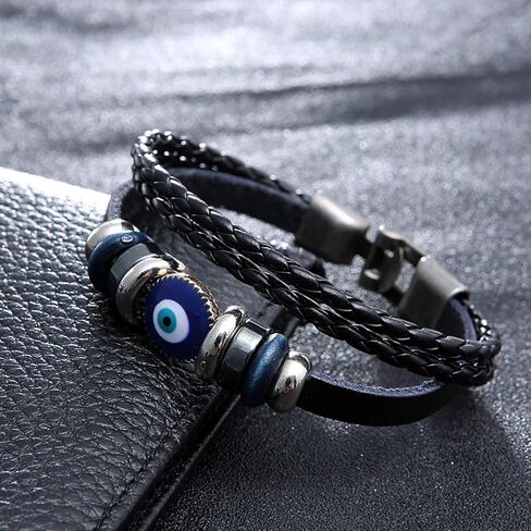 Multi-Layer Turkish Blue Evil Eye Leather Bracelet for Men Ethnic Wristband Weave Leather Bangle Bracelet Protection Jewelry in Saudi Arabia