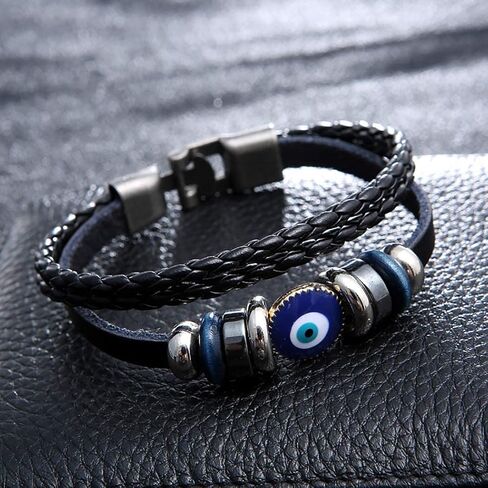 Multi-Layer Turkish Blue Evil Eye Leather Bracelet for Men Ethnic Wristband Weave Leather Bangle Bracelet Protection Jewelry in Saudi Arabia