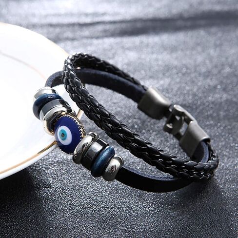 Multi-Layer Turkish Blue Evil Eye Leather Bracelet for Men Ethnic Wristband Weave Leather Bangle Bracelet Protection Jewelry in Saudi Arabia