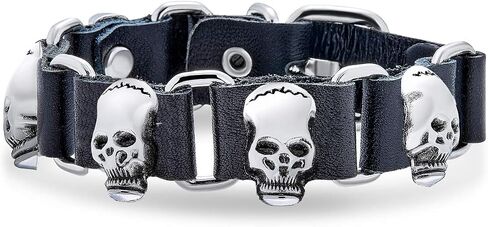 Skull Heads Genuine Black Leather Studded Rivet Stainless Steel Cuff Bracelet for Men Goth Bikers Belt Buckle in Saudi Arabia