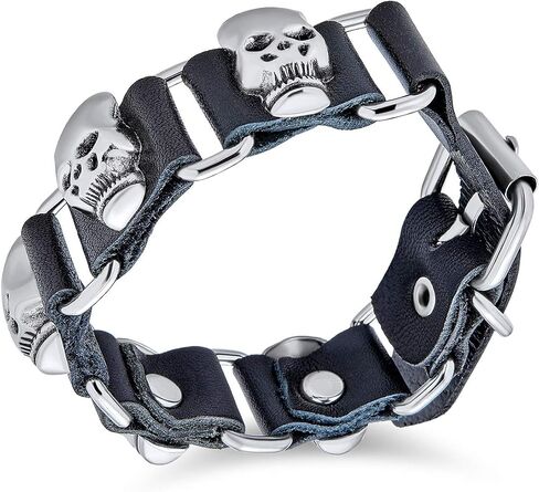 Skull Heads Genuine Black Leather Studded Rivet Stainless Steel Cuff Bracelet for Men Goth Bikers Belt Buckle in Saudi Arabia