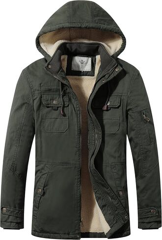 سترة WenVen الرجالية الشتوية Sherpa Parka متوسطة الطول سميكة بنمط عسكري دافئة مع غطاء رأس قابل للإزالة in Kuwait