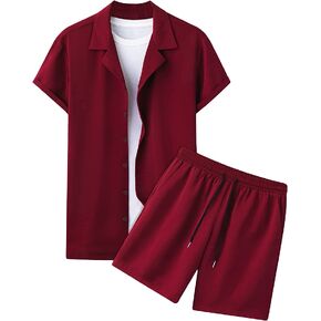 طقم ملابس صيفية للرجال مكون من قطعتين من OYOANGLE بأكمام قصيرة وقميص وسروال قصير in Kuwait