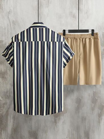 طقم ملابس صيفية للرجال مكون من قطعتين من OYOANGLE بأكمام قصيرة وقميص وسروال قصير in Kuwait