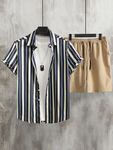 طقم ملابس صيفية للرجال مكون من قطعتين من OYOANGLE بأكمام قصيرة وقميص وسروال قصير in Kuwait