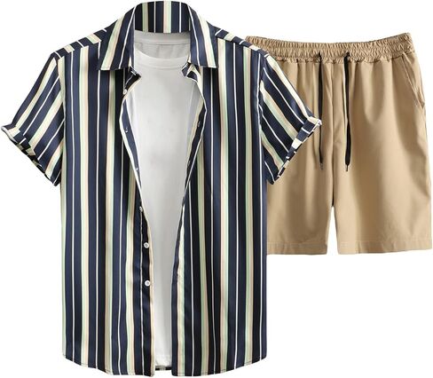 طقم ملابس صيفية للرجال مكون من قطعتين من OYOANGLE بأكمام قصيرة وقميص وسروال قصير in Kuwait