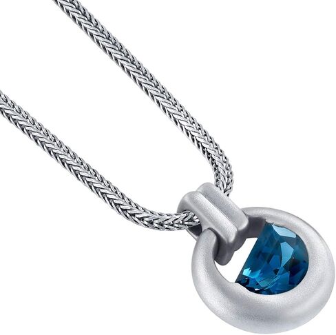 Peora London Blue Topaz Amulet Pendant Necklace for Men in Sterling Silver, 4 Carats Half Moon Shape, Brushed Finished, with 22-Inch Italian Chain in Saudi Arabia