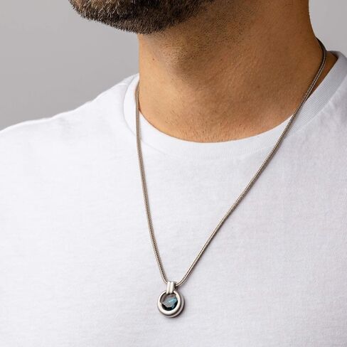 Peora London Blue Topaz Amulet Pendant Necklace for Men in Sterling Silver, 4 Carats Half Moon Shape, Brushed Finished, with 22-Inch Italian Chain in Saudi Arabia