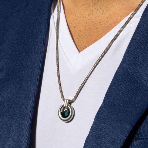 Peora London Blue Topaz Amulet Pendant Necklace for Men in Sterling Silver, 4 Carats Half Moon Shape, Brushed Finished, with 22-Inch Italian Chain in Saudi Arabia
