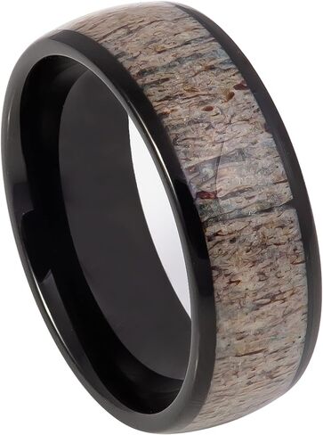 Tungsten King High Polished Domed Black Ion-Plated Real Deer Antler Inlay Ring Comfort Fit Tungsten Carbide 8mm Wedding - Anniversary Band in Kuwait