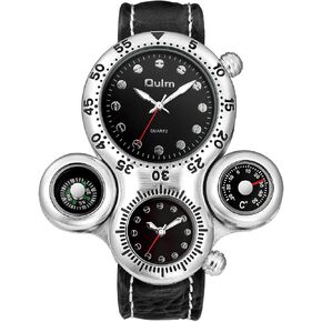 FANMIS Mens Military Sports Quartz Wrist Watch Two Time Zone Compass and Thermometer Decorative Dial Leather Strap Cool Watch in Kuwait