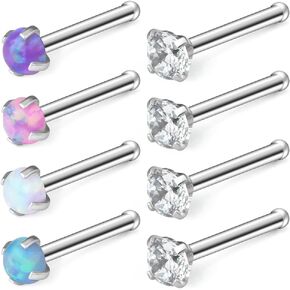 Ruifan 18G 316L Surgical Steel 1.5mm 2mm 2.5mm 3mm Opal & Clear CZ Nose Bone Rings Studs Ring Body Piercing Jewelry 8-16PCS