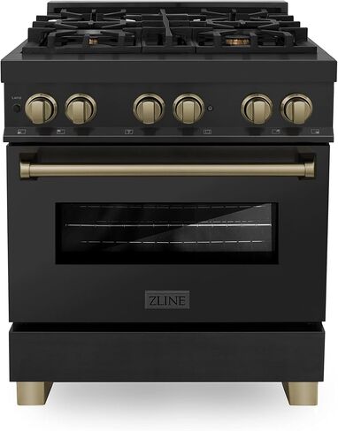 ZLINE Autograph Edition 30" 4.0 cu. ft. Dual Fuel Range with Gas Stove and Electric Oven in Black Stainless Steel with Champagne Bronze Accents (RABZ-30-CB) in Saudi Arabia