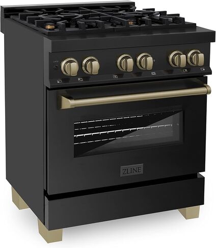 ZLINE Autograph Edition 30" 4.0 cu. ft. Dual Fuel Range with Gas Stove and Electric Oven in Black Stainless Steel with Champagne Bronze Accents (RABZ-30-CB) in Saudi Arabia