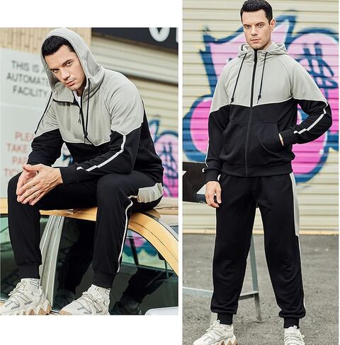 Men's Hooded Athletic Tracksuit Sweatsuit Long Sleeve Full-Zip Jogging Sweatpants 2 Piece Patchwork Sportsuits in Saudi Arabia