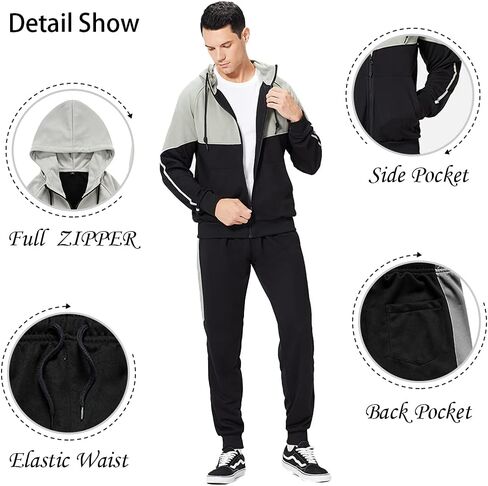 Men's Hooded Athletic Tracksuit Sweatsuit Long Sleeve Full-Zip Jogging Sweatpants 2 Piece Patchwork Sportsuits in Saudi Arabia