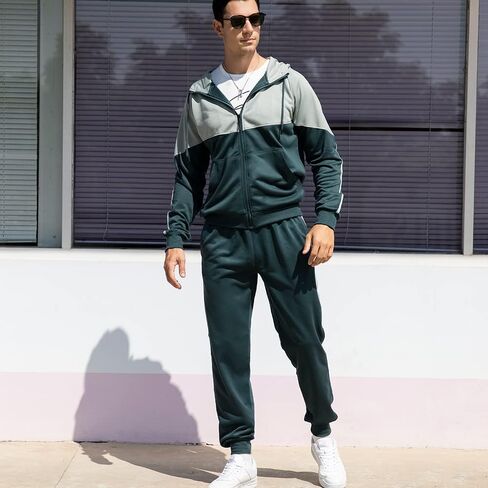 Men's Hooded Athletic Tracksuit Sweatsuit Long Sleeve Full-Zip Jogging Sweatpants 2 Piece Patchwork Sportsuits in Saudi Arabia