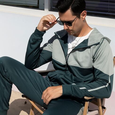 Men's Hooded Athletic Tracksuit Sweatsuit Long Sleeve Full-Zip Jogging Sweatpants 2 Piece Patchwork Sportsuits in Saudi Arabia