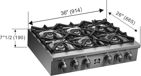 Forno Alta Qualita 36 Inch Gas Rangetop with 6 Sealed Dual Brass Burners Cooktop - Drop-In 304 Stainless Steel Stove Top, Heavy Duty Continuous Cast Iron Grates Gas Hob with LP Conversion Kit in Kuwait