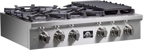 Forno Alta Qualita 36 Inch Gas Rangetop with 6 Sealed Dual Brass Burners Cooktop - Drop-In 304 Stainless Steel Stove Top, Heavy Duty Continuous Cast Iron Grates Gas Hob with LP Conversion Kit in Kuwait