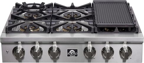 Forno Alta Qualita 36 Inch Gas Rangetop with 6 Sealed Dual Brass Burners Cooktop - Drop-In 304 Stainless Steel Stove Top, Heavy Duty Continuous Cast Iron Grates Gas Hob with LP Conversion Kit in Kuwait