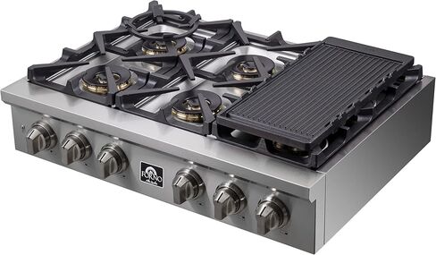 Forno Alta Qualita 36 Inch Gas Rangetop with 6 Sealed Dual Brass Burners Cooktop - Drop-In 304 Stainless Steel Stove Top, Heavy Duty Continuous Cast Iron Grates Gas Hob with LP Conversion Kit in Kuwait