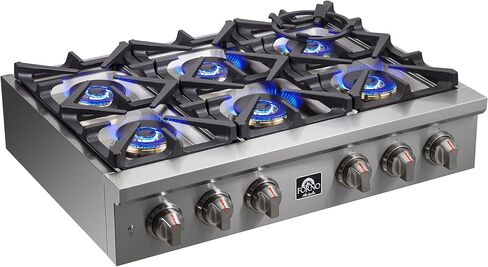 Forno Alta Qualita 36 Inch Gas Rangetop with 6 Sealed Dual Brass Burners Cooktop - Drop-In 304 Stainless Steel Stove Top, Heavy Duty Continuous Cast Iron Grates Gas Hob with LP Conversion Kit in Kuwait