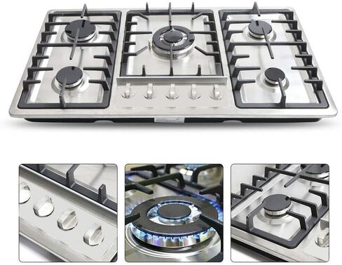 Gas Stove Gas Cooktop 4/5 Burners, Built-in Gas Cooktop, Gas Hob LPG/NG Convertible, Stainless Steel Surface+Cast Iron Grates, Electric Ignition+Flame Failure System (5 Burners 86x50cm) in Saudi Arabia