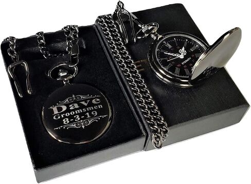 7 Custom Engraved Pocket Watches - 7 Gift Set for Weddings - Groomsmen Personalized Watches with Chain and Box Included - Engraving Included in Kuwait