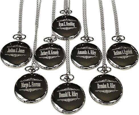 7 Custom Engraved Pocket Watches - 7 Gift Set for Weddings - Groomsmen Personalized Watches with Chain and Box Included - Engraving Included in Kuwait