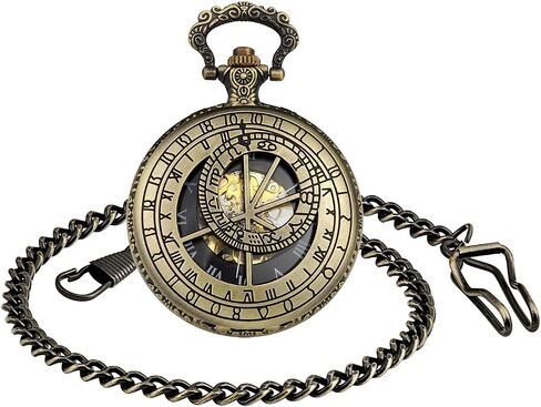 Unendlich U Mechanical Pocket Watch 12 Constellation Compass Vintage Roman Numerals Scale Pocket Watch with Chain in Kuwait