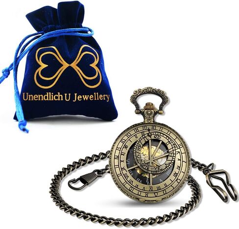 Unendlich U Mechanical Pocket Watch 12 Constellation Compass Vintage Roman Numerals Scale Pocket Watch with Chain in Kuwait