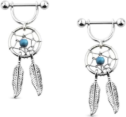 316L Surgical Steel Dream Catcher Feather Nipple Shield Gem 3/4" 14 gauge pair (Turg) in Saudi Arabia