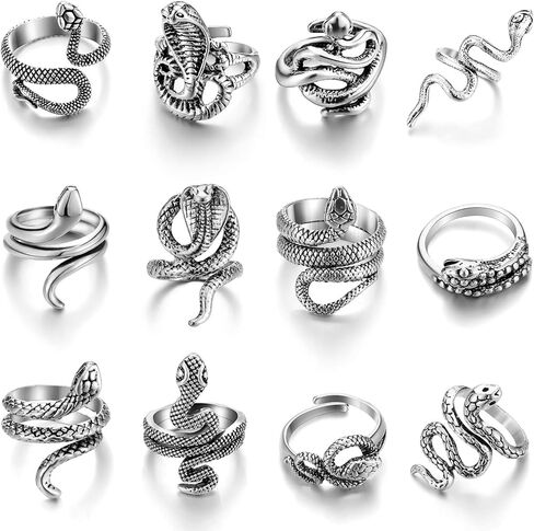 12 قطعة خاتم الأفعى الكلاسيكي خاتم الحيوان مجموعة خواتم الشرير ريترو الأفعى خواتم مجموعة للرجال النساء افتتاح حلقة قابلة للتعديل (ريترو) in Kuwait