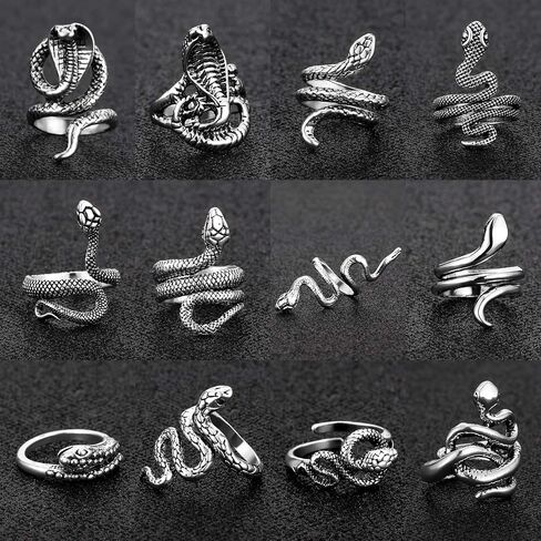 12 قطعة خاتم الأفعى الكلاسيكي خاتم الحيوان مجموعة خواتم الشرير ريترو الأفعى خواتم مجموعة للرجال النساء افتتاح حلقة قابلة للتعديل (ريترو) in Kuwait