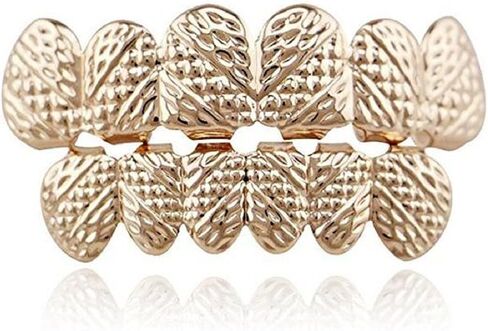 mainlead 14k Gold Oblique Texture Grills Hip Hop 6 Teeth Top and Bottom Set in Kuwait