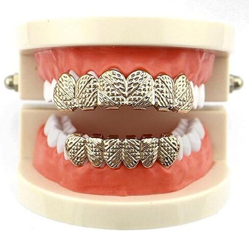 mainlead 14k Gold Oblique Texture Grills Hip Hop 6 Teeth Top and Bottom Set in Kuwait