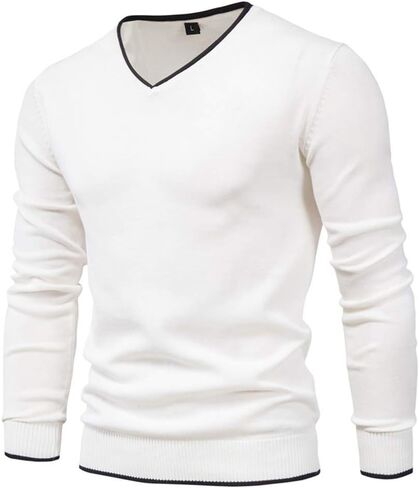 Esobo Men's Cotton V Neck Sweater Knitted Jumper Sweater Long Sleeve Pullover Top in Kuwait