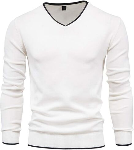 Esobo Men's Cotton V Neck Sweater Knitted Jumper Sweater Long Sleeve Pullover Top in Kuwait