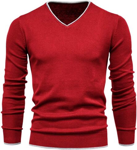 Esobo Men's Cotton V Neck Sweater Knitted Jumper Sweater Long Sleeve Pullover Top in Kuwait