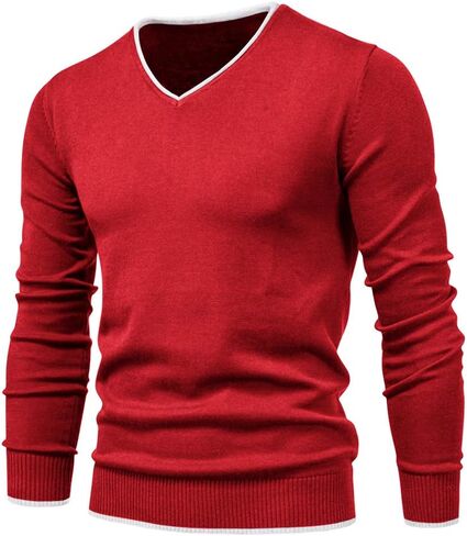Esobo Men's Cotton V Neck Sweater Knitted Jumper Sweater Long Sleeve Pullover Top in Kuwait